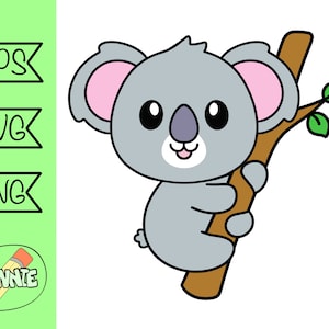 May include: A cartoon koala with big eyes and a smile is climbing a brown tree branch with green leaves. The koala is gray with pink ears and a white belly.