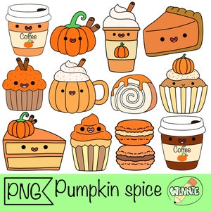 clipart di spezie di zucca cibo kawaii zucca autunnale pupkin caffè pasticcini zucca spezie png cibo kawaii png adesivo digitale pianificatore stampabile