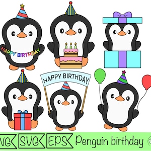 verjaardag pinguïn svg clipart pinguïn verjaardag png afdrukbare sticker digitale cartoon pinguïn voor cricut ballon verjaardag dier clip art