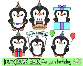 May include: A set of ten digital clipart images featuring cute penguins wearing party hats and holding birthday-themed items like presents, cake, and balloons. The text "Happy Birthday" is included in the image.