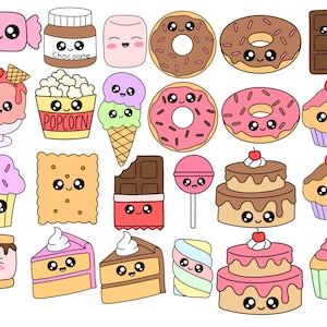 May include: A collection of 20 cute cartoon food illustrations. The food includes a variety of sweets, desserts, and snacks, such as donuts, cupcakes, ice cream, cake, candy, popcorn, and chocolate. The illustrations are all in bright colors and have happy faces.
