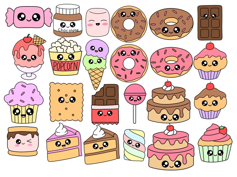 May include: A collection of 20 cute cartoon food illustrations. The food includes a variety of sweets, desserts, and snacks, such as donuts, cupcakes, ice cream, cake, candy, popcorn, and chocolate. The illustrations are all in bright colors and have happy faces.