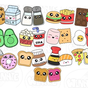 May include: A set of 20 cartoon food and drink illustrations with cute faces. The illustrations include a donut, avocado, milk carton, popcorn, cola, chips, sushi, pizza, beer, chocolate spread, marshmallow, egg, bacon, cookie, salt and pepper shakers, a chocolate bar, a strawberry, and a burger.