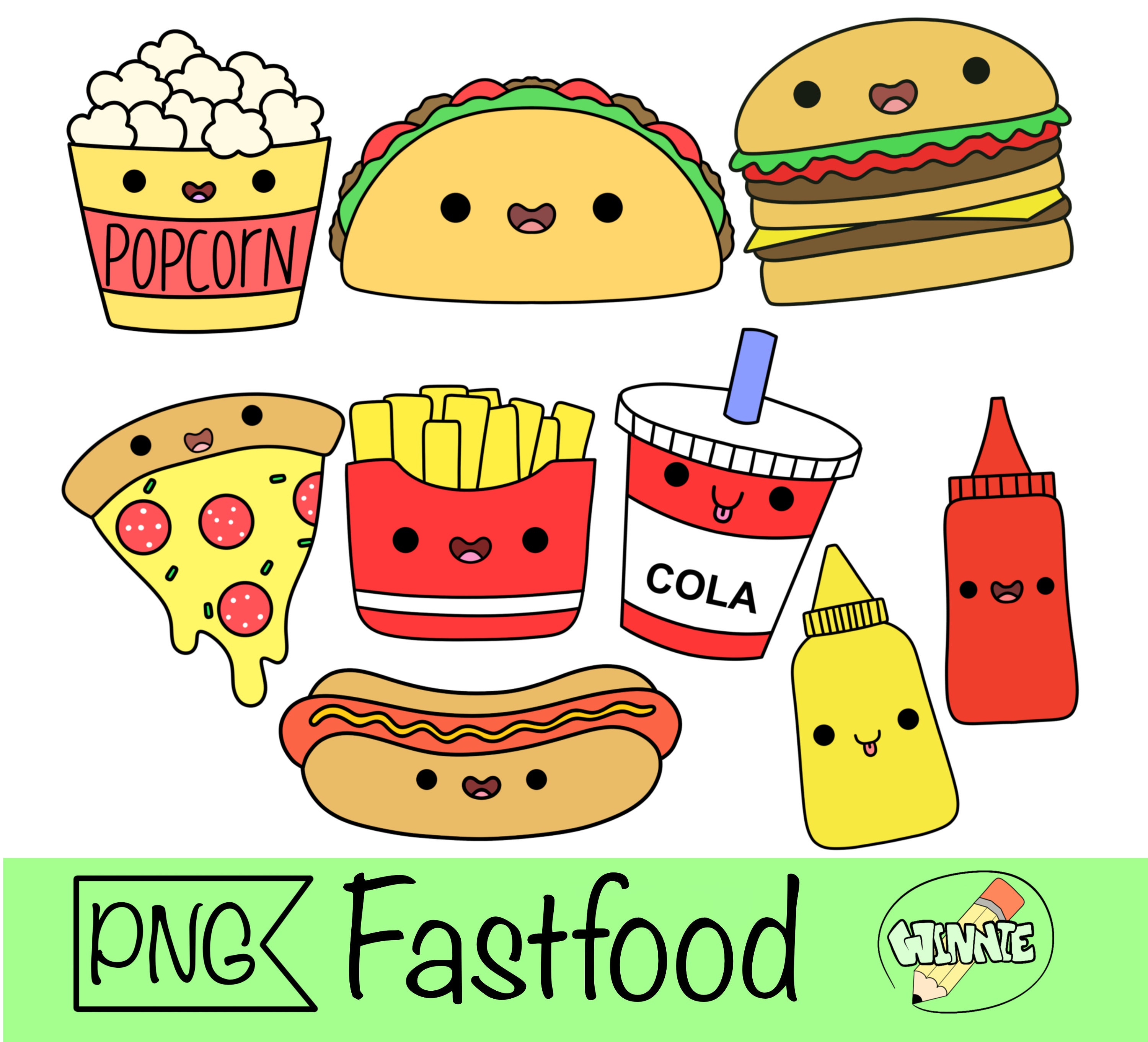 kawaii fastfood clipart cute food png digital sticker printable cartoon kawaii fastfood png sticker for planner hamburger cola png