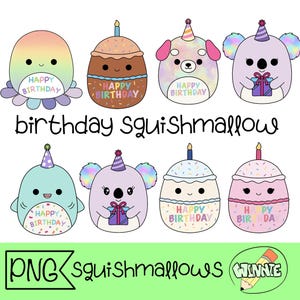 Könnte beinhalten: Satz von zehn bunten Squishmallows zum Thema Geburtstag. Die Squishmallows sind in Form eines Kuchens, eines Koalas, eines Hundes, eines Kraken, eines Wals und eines Pinguins. Jeder Squishmallow hat eine Happy Birthday-Botschaft darauf.