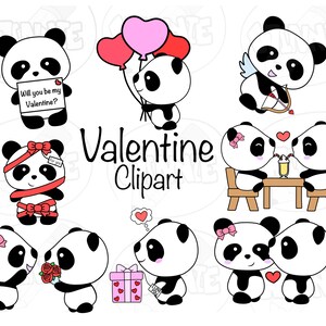 Puede incluir: Un conjunto de diez imágenes de clip art de San Valentín con adorables pandas de dibujos animados en varias poses. Los pandas sostienen corazones, globos, flores y regalos. Un panda está vestido como Cupido con una flecha. El texto "Will you be my Valentine?" está en una tarjeta que sostiene uno de los pandas.