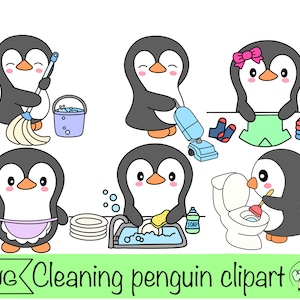 penguin clipart cleaning chores penguin kawaii penguin goodnotes stickers houshold activities animal doing chores printable stickers
