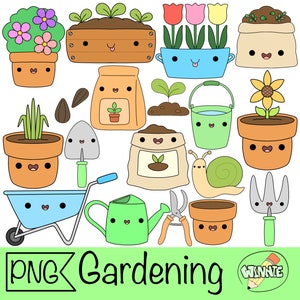 kawaii gardening clipart spring time garden tools cute digital sticker gardening bullet journal flower house plant pot kawaii clipart