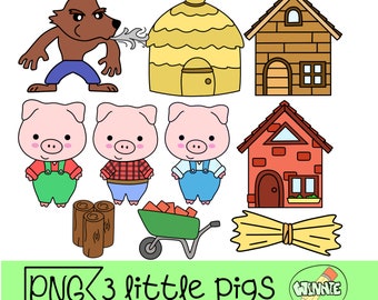 3 little pigs clipart fairy tale grafic vector digital download cartoon drawing cute piglet angry wolf kawaii pig cute animal fairy tail png