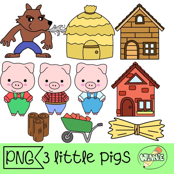 3 little pigs clipart fairy tale grafic vector digital download cartoon drawing cute piglet angry wolf kawaii pig cute animal fairy tail png