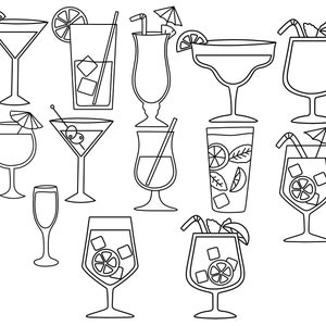 Puede incluir: Un conjunto de 12 dibujos lineales de diferentes tipos de c&oacute;cteles, que incluyen un martini, una margarita, un daiquiri, un mojito, un mimosa, un cosmopolitan, una pi&ntilde;a colada, un destornillador, una Bloody Mary, un Long Island iced tea, un tequila sunrise y un whisky sour.