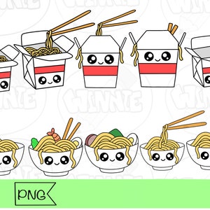May include: A set of eight cartoon illustrations of takeout containers and bowls of noodles. The containers and bowls have cute faces with eyes, mouths, and rosy cheeks. The noodles are yellow and the chopsticks are brown.