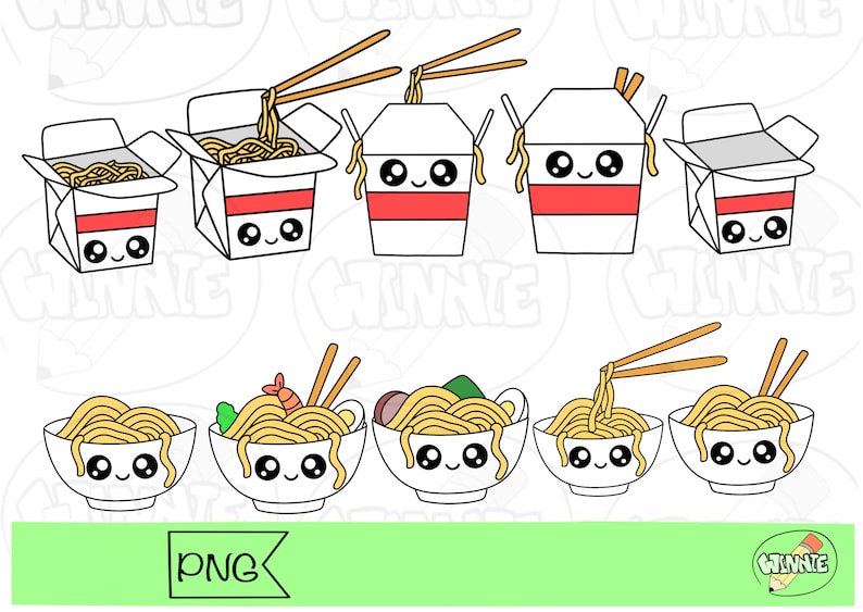 May include: A set of eight cartoon illustrations of takeout containers and bowls of noodles. The containers and bowls have cute faces with eyes, mouths, and rosy cheeks. The noodles are yellow and the chopsticks are brown.