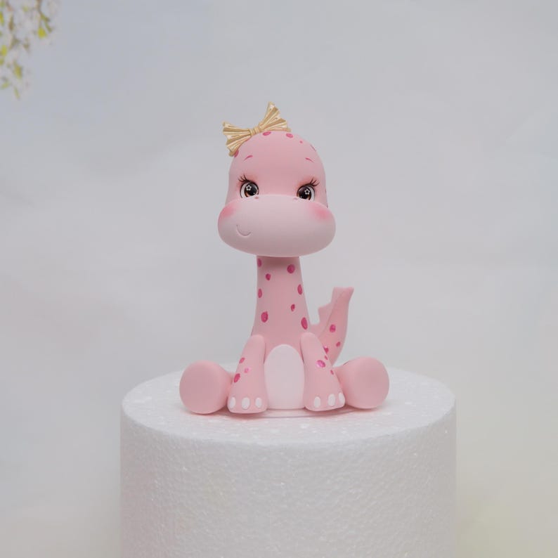 Baby Girl Dinosaur Cake Topper Made of Lightweight Air Dry Clay: Triceratops, T-rex, Brontosaurus, Stegosaurus, For Birthday Cake Pink Brontosaurus