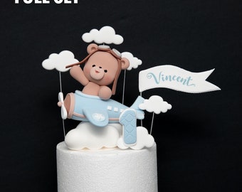 Bear in Airplane Cake Topper, Made of Lightweight Air Dry Clay, Aviator Bear Cake Topper, Perfect For Baby Shower, Birthday Cake