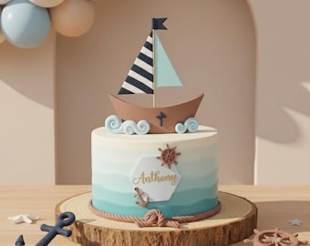 Adorno para tarta de velero: arcilla de secado al aire hecha a mano, ideal para bautizos y baby showers.