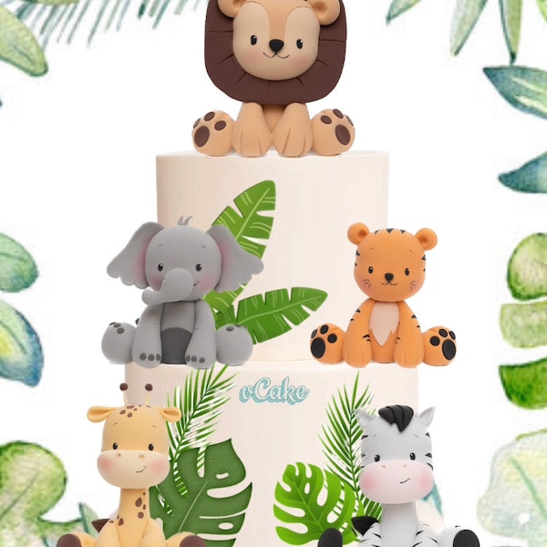 Safari animal cake topper Made of Lightweight Air Dry Clay: lion, tiger, elephant, monkey, giraffe, zebra