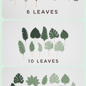 May include: Three sets of green paper leaves on wooden skewers. The sets include 6, 10, and 12 leaves. The leaves are various shapes, including monstera, fern, and heart.