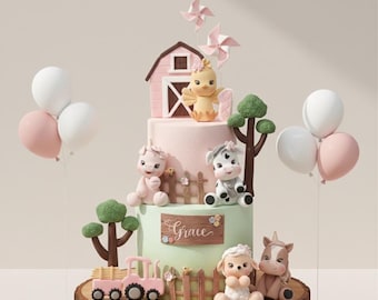 Farm Animal Cake Topper, Made of lightweight air dry clay, Cow, Horse, Pig, Sheep, Chick, for birthday cake