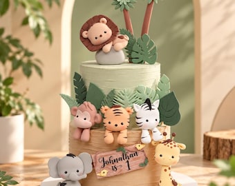 Safari Animal Cake Topper Made of Lightweight Air Dry Clay: Lion, Tiger, Elephant, Monkey, Giraffe, Zebra, Hippo| For Birthday Cake
