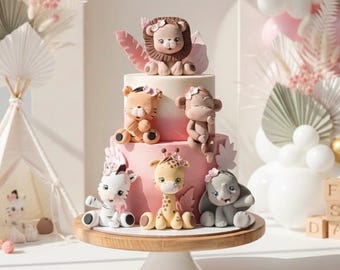 Adornos para tartas con adorables animales de safari, hechos de arcilla ligera de secado al aire: león, tigre, elefante, mono, jirafa, cebra, hipopótamo / Para tartas de cumpleaños