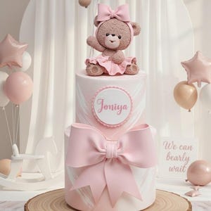 Cute Bear cake topper made of Light-weight Clay. Bow decoration. Perfect for baby shower, birthday cake