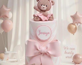 Adorno para tarta de osito, hecho de arcilla ligera. Decoración con lazo. Ideal para baby showers y tartas de cumpleaños.