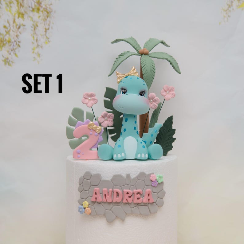 Baby Girl Dinosaur Cake Topper Made of Lightweight Air Dry Clay: Triceratops, T-rex, Brontosaurus, Stegosaurus, For Birthday Cake image 10