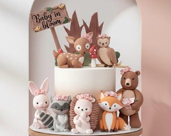 Adornos para tartas con animales del bosque, hechos de arcilla ligera de secado al aire: oso, ciervo, conejo, erizo, mapache, búho, zorro.