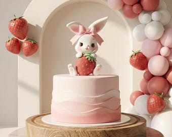 Bunny Cake Topper, Made of Lightweight Air Dry Clay, Rabbit Cake Topper with Strawberry Berry First Birthday