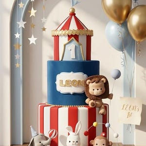 May include: A three-tiered circus-themed birthday cake with red and white stripes, blue, and a circus tent topper. Adorable animal figurines, including a lion, elephant, rabbit, and monkey, decorate the cake. Gold and blue balloons and the text "LEON's 1st" complete the festive design.