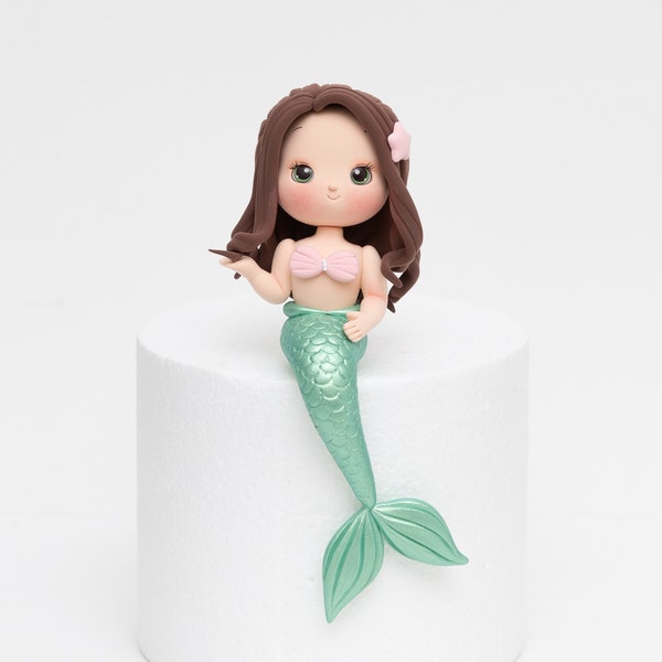 Brown hair Mermaid Cake Topper, Made of Lightweight Air Dry Clay. Perfect for Birthday Cake of Your Princess