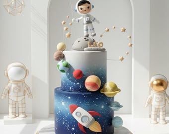 Adorno para pastel de astronauta, adorno para pastel de cohete, decoración para pastel de planetas hecha de arcilla de espuma ligera.