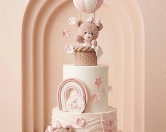 Adorno para pastel de globo aerostático con osito femenino: arcilla de secado al aire, baby shower
