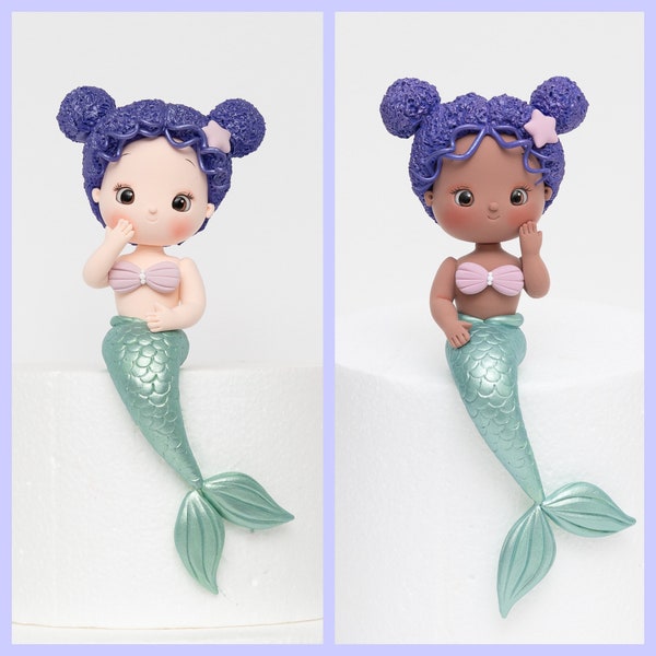 Violet hair with 2 buns Mermaid Cake Topper, Made of Lightweightt Air Dry Clay. Perfect for Birthday Cake of Your Princess