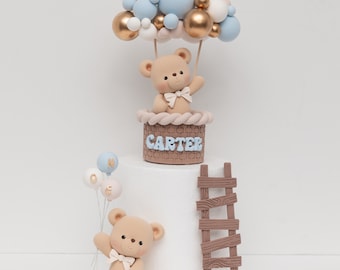 Bear in Hot Air Balloon Cake Topper, 9 inch Tall, Made of Lightweight Air Dry Clay