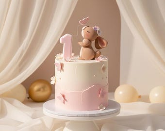 Adorno para tarta de conejito, hecho de arcilla ligera de secado al aire, adorno para tarta de conejo con flor, mariposa y número de edad para tarta de cumpleaños.