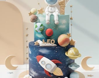 Adorno para tarta de astronauta, decoración de planetas, adorno para tarta de cohete, hecho de arcilla ligera de secado al aire.