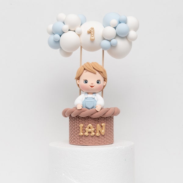 Baby boy or girl with balloons cake topper made of air dry clay