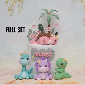 Baby Girl Dinosaur Cake Topper Made of Lightweight Air Dry Clay: Triceratops, T-rex, Brontosaurus, Stegosaurus, For Birthday Cake Full set