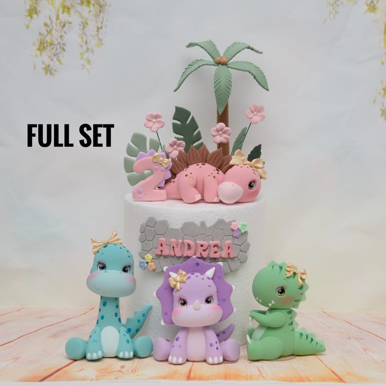 Baby Girl Dinosaur Cake Topper Made of Lightweight Air Dry Clay: Triceratops, T-rex, Brontosaurus, Stegosaurus, For Birthday Cake Full set
