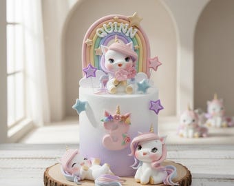 Adorno para tarta de unicornio y arcoíris, hecho de arcilla ligera de secado al aire y personalizable, perfecto para cumpleaños, baby shower