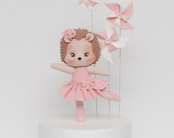 Ballerina Hedgehog Cake Topper, Made of Lightweight Air Dry Clay, Rabbit Cake Topper with Bow, Name Plaque, For Birthday Cake, Baby Shower