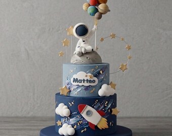 Astronaut Cake Topper, Made of Foam Clay, Planets Cake Decoration, Rocket Cake Topper,