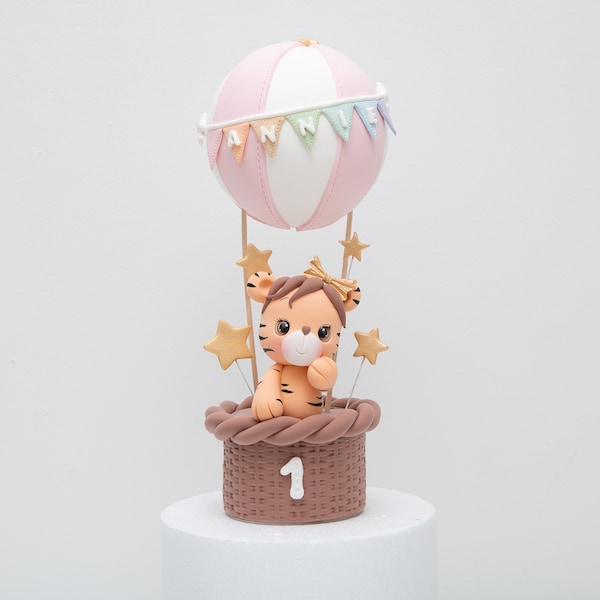 Baby tiger in Hot Air Balloon Cake Topper Made of Lightweight Air Dry Clay, 11inch tall, Perfect for Birthday cake