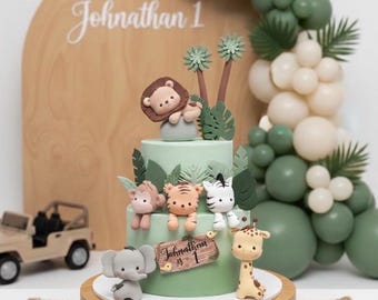Safari Animal Cake Topper Made of Lightweight Air Dry Clay: Lion, Tiger, Elephant, Monkey, Giraffe, Zebra, Hippo| For Birthday Cake