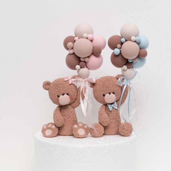 Bear Holding Balloons Cake Topper, Made of Lightweight Air Dry Clay, Perfect For Baby Shower, Gender Reveal