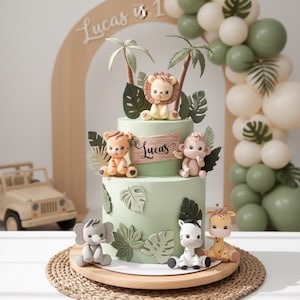 Baby Safari Animal Cake Topper Made of Lightweight Air Dry Clay: Lion, Tiger, Elephant, Monkey, Giraffe, Zebra, For Birthday Cake