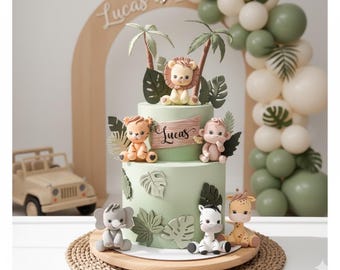 Adorno para pastel de animales de safari para bebés, hecho de arcilla ligera de secado al aire: león, tigre, elefante, mono, jirafa, cebra, para pastel de cumpleaños.
