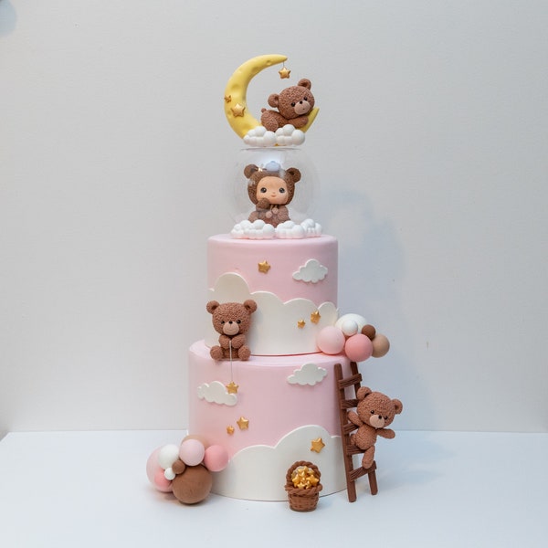 Bear Cake Topper, 3 Inch, Made of Lightweight Air Dry Clay: Bear on the Moon, Bear on Ladder, Bear Fishing Star